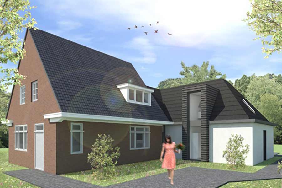 Illustratie van een toekomstige woning met bijgebouw